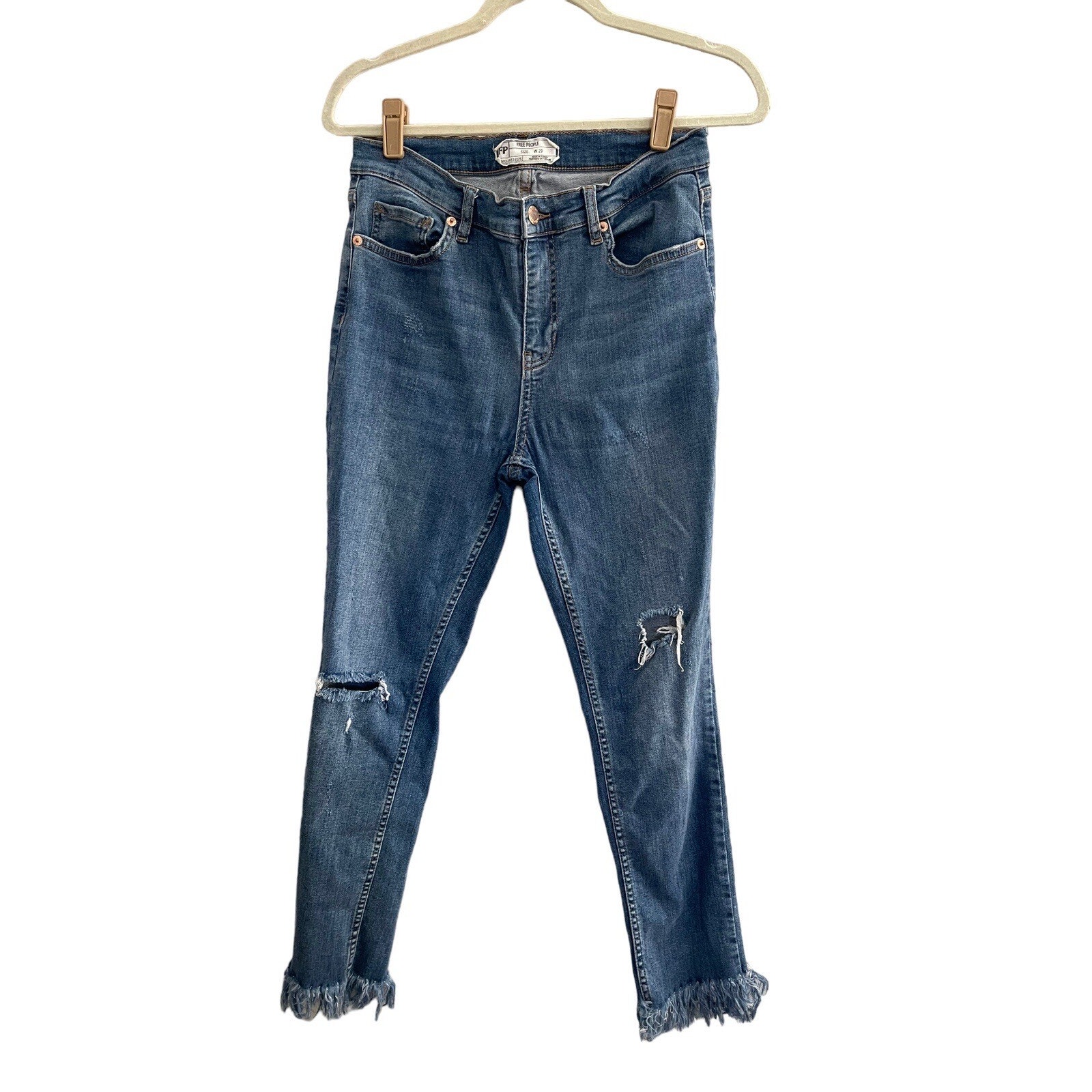 Free People 29 Jeans *Read* Holes Distressed Crop Fringe Hems High Rise #6863